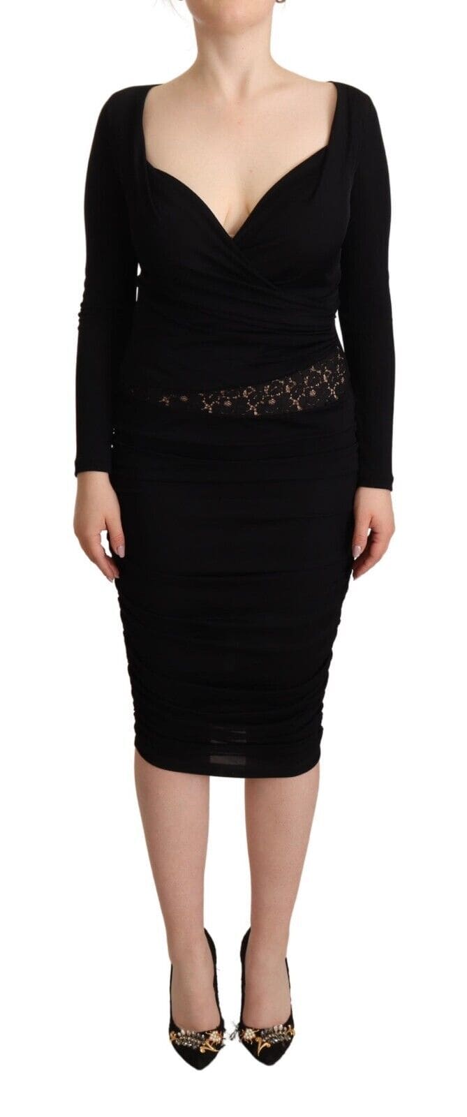 GF Ferre Black Long Sleeves Sweetheart Neck Midi Dress JOHNYCARRIBEAN GF Ferre Black Long Sleeves Sweetheart Neck Midi Dress JOHNYCARRIBEAN