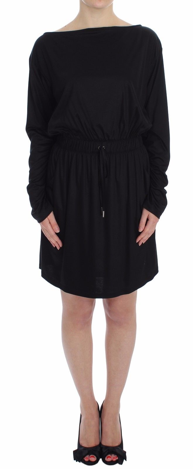 versace black long sleeve dress Versace Jeans Black Modal Silk Shift Knee Dress – JOHNYCARRIBEAN