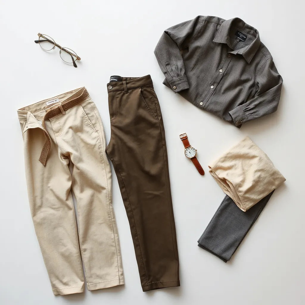 Assorted women’s pants cuts laid flat with visible fabric texture and minimal accessories