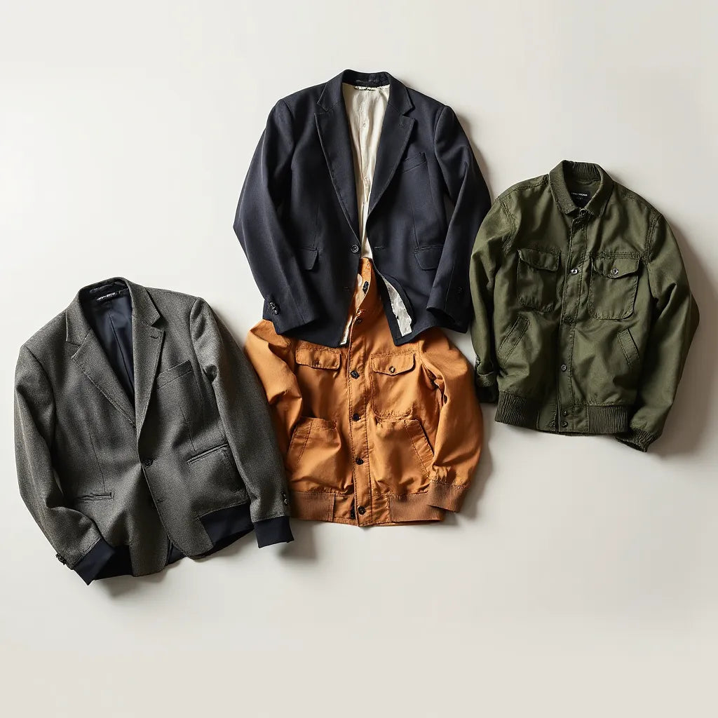 Tailored blazer, bomber, and field jacket arranged neatly with visible textures on a neutral background
