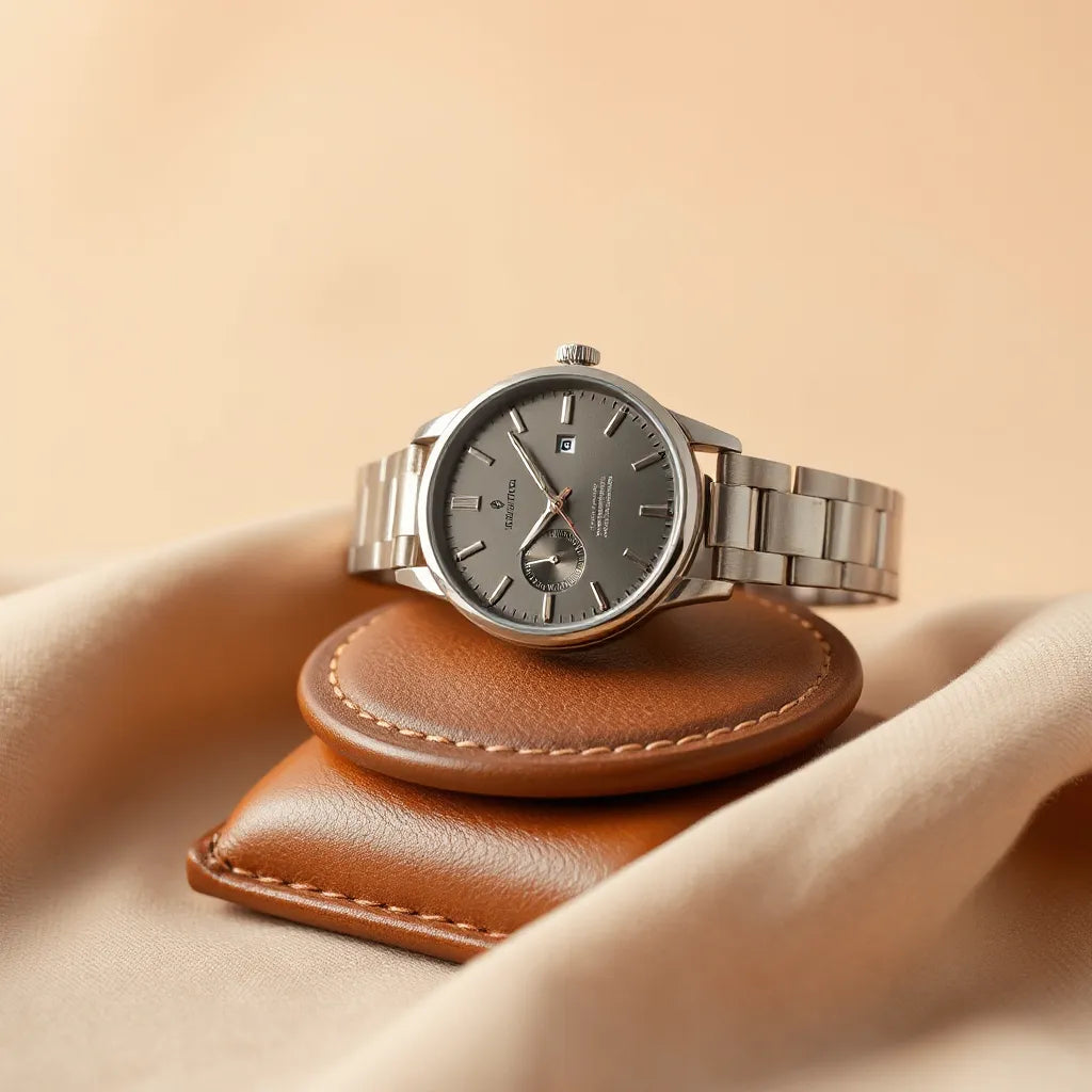 Elegant dress watch with refined bracelet displayed on a minimal leather stand against a neutral background