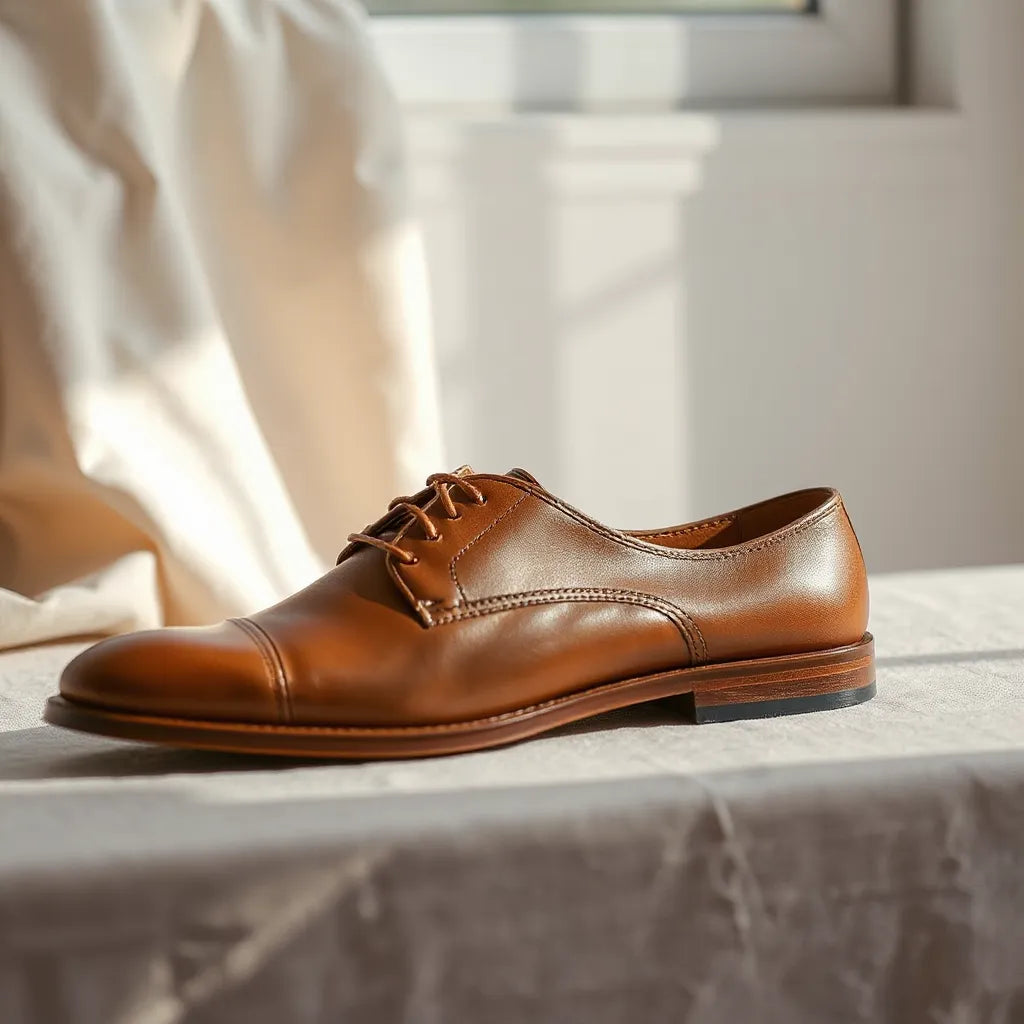 Luxury leather shoes styled on a clean surface with tailored fabric details in soft light