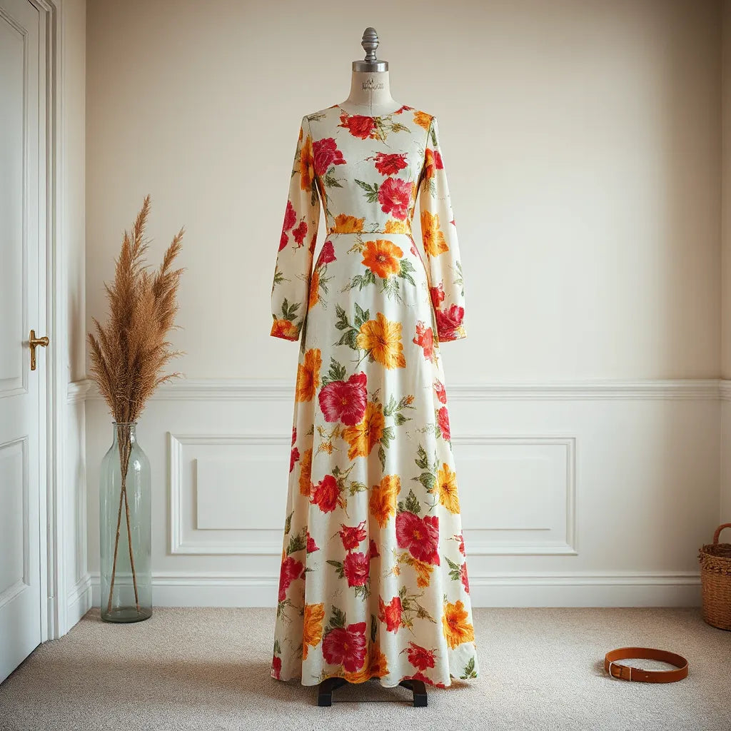 Dolce and Gabbana-inspired floral print maxi dress with a flowing skirt in soft natural light
