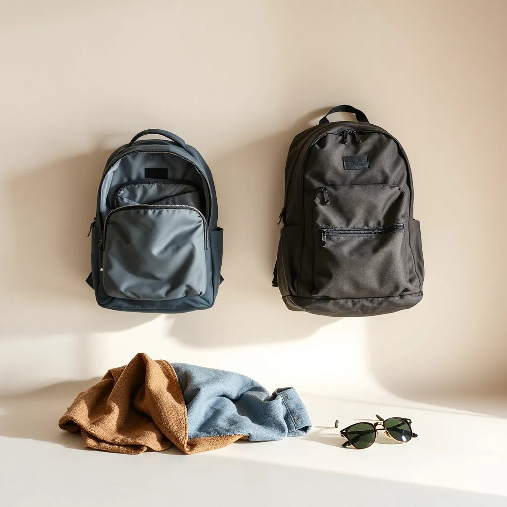 Two modern backpacks with visible straps and organized compartments on a neutral background