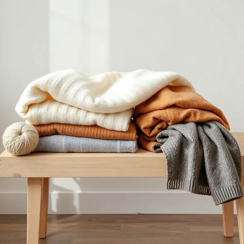 Neatly folded cashmere sweaters with visible soft knit texture in neutral tones