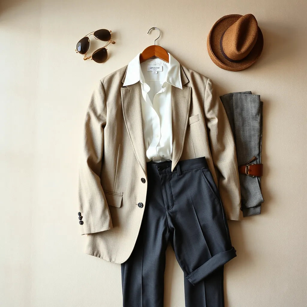 Tailored luxury blazer, silk blouse, and trousers arranged neatly on a minimal neutral background