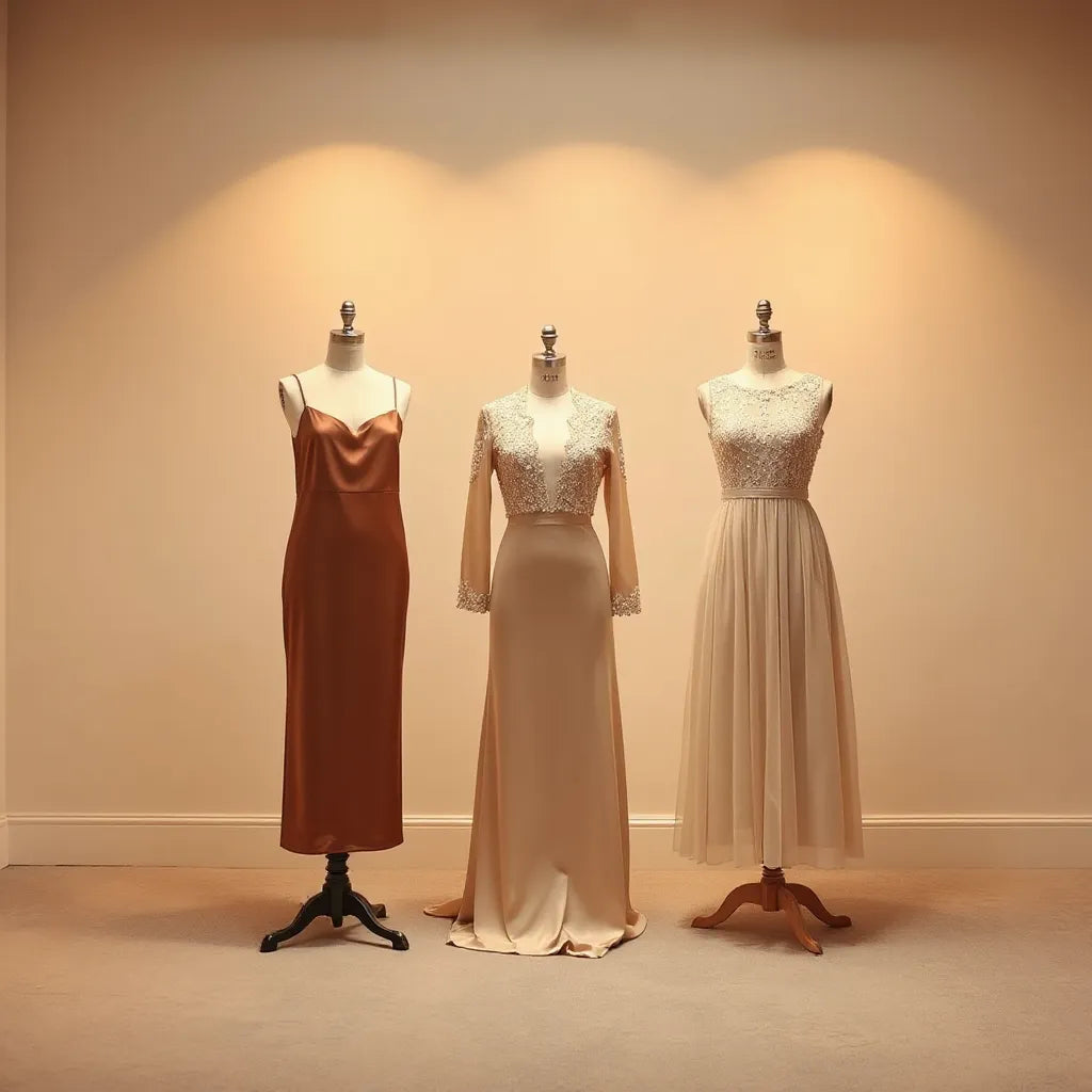 Three luxury dresses in satin, embellished evening, and chiffon tones displayed on neutral mannequins