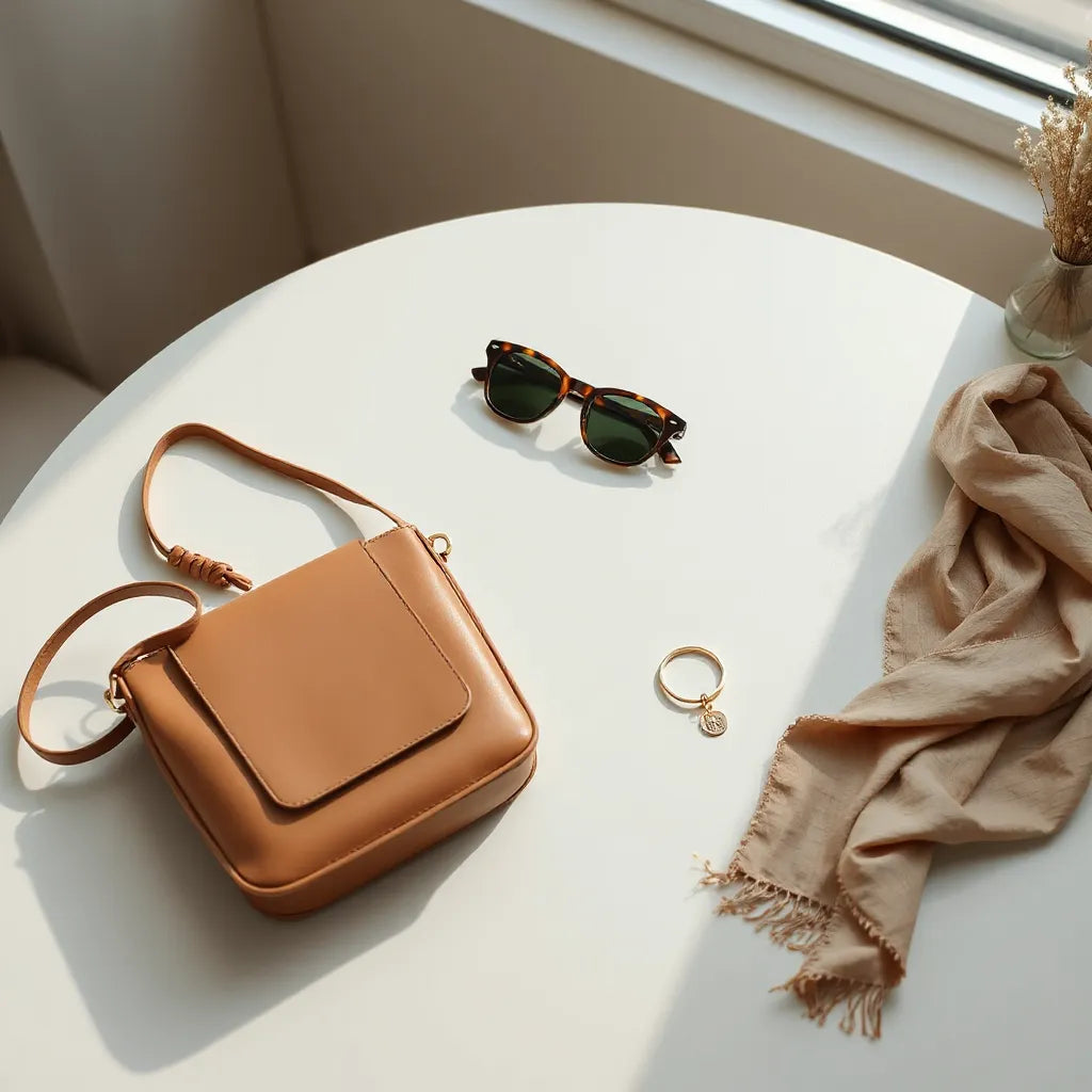 Leather crossbody bag, sunglasses, bracelet, and scarf neatly arranged on a neutral tabletop