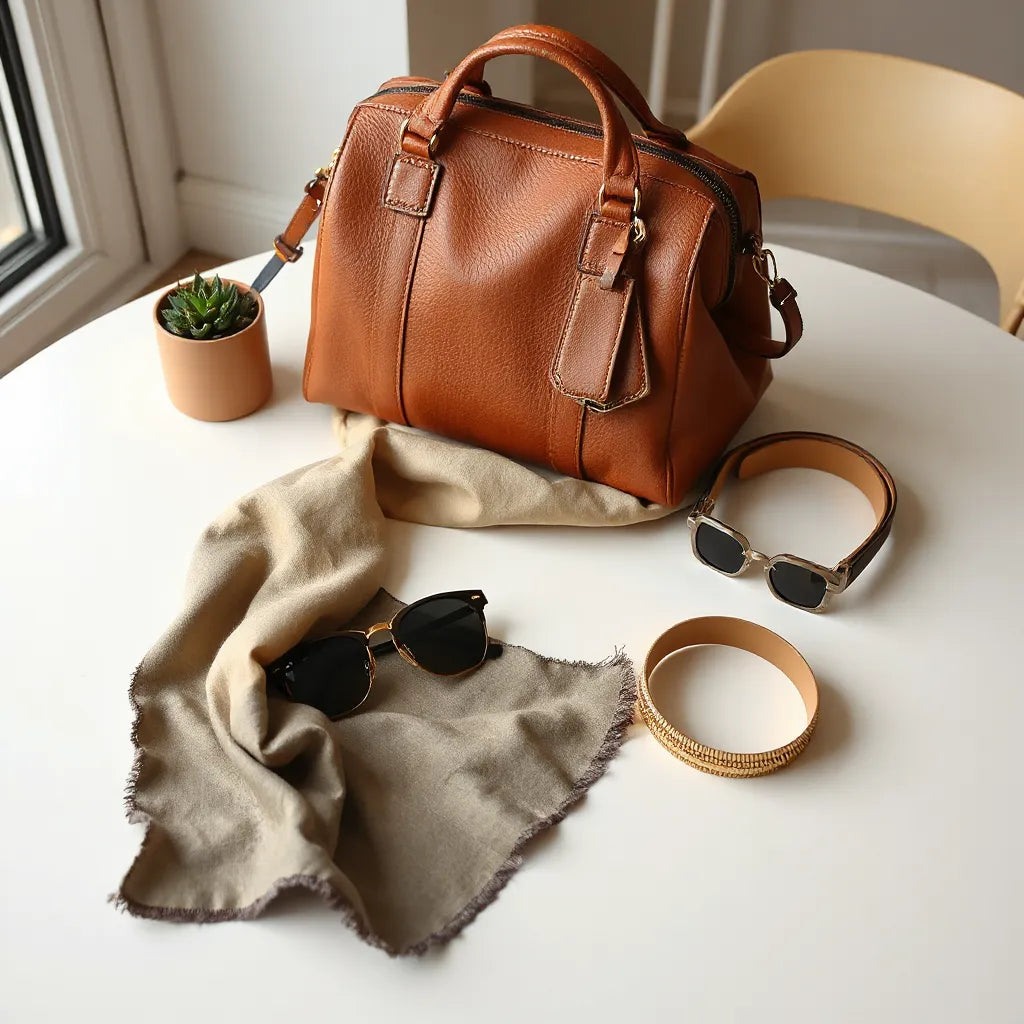 Curated luxury accessories including handbag, silk scarf, sunglasses, and jewelry on a neutral tabletop