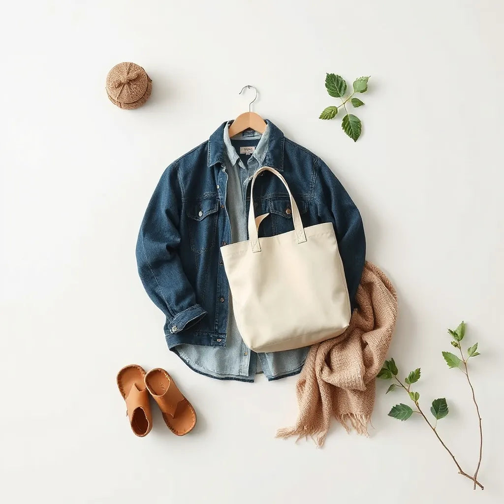 Neatly arranged natural-fiber clothing with a reusable tote and soft greenery on a light background