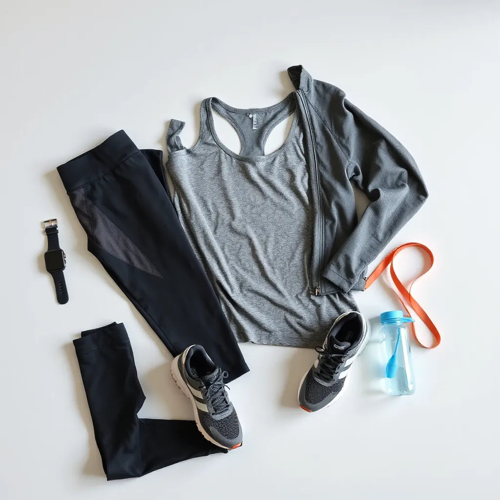 Athletic apparel set with leggings, sports top, running jacket, and sneakers on a clean studio surface