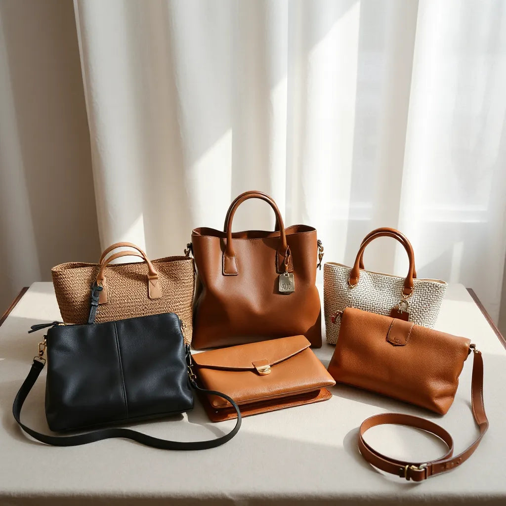 Assorted handbags including a tote, crossbody, and clutch arranged on a neutral surface