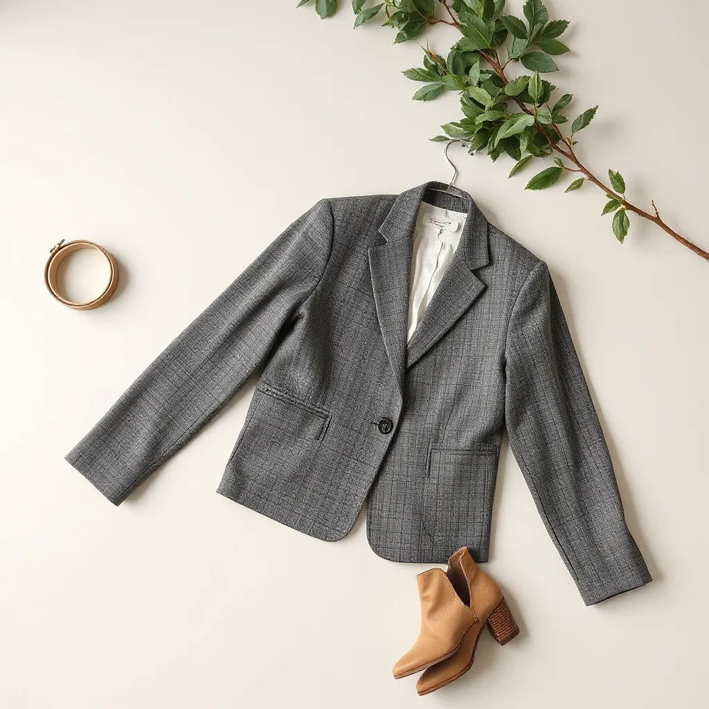 Tailored women's blazer styled with a simple blouse and classic accessories on a clean neutral background