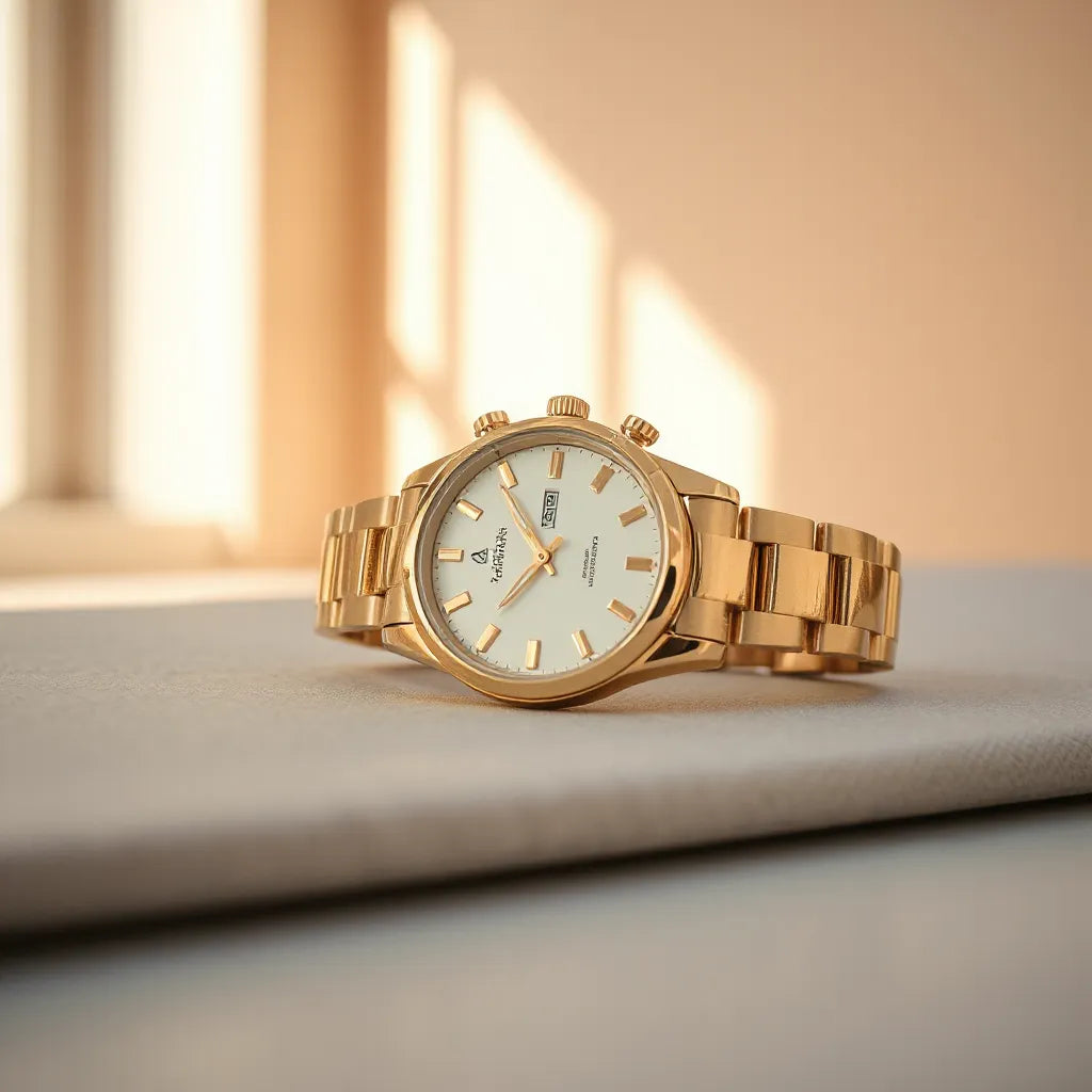 Gold stainless steel watch with reflective links and dial under soft natural light