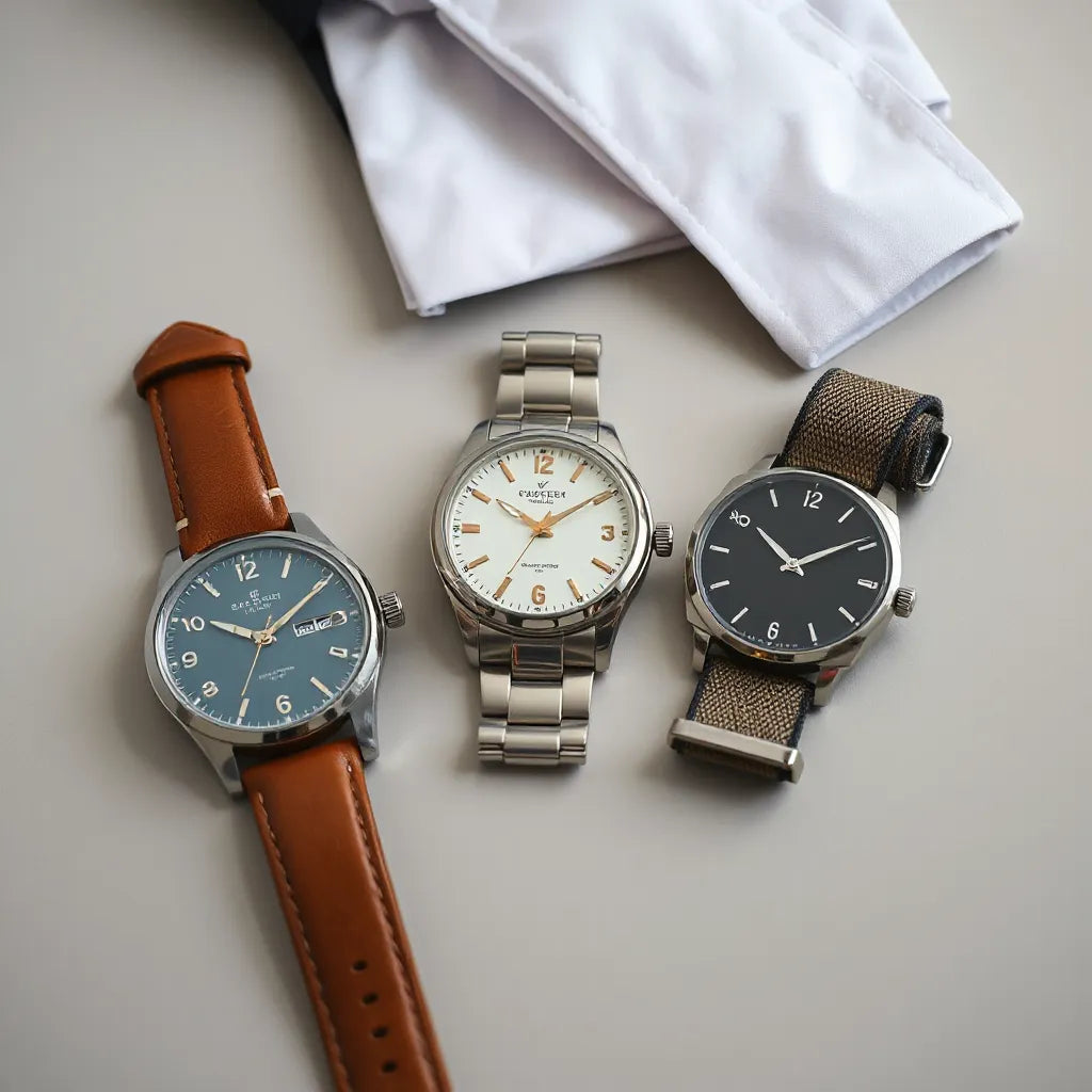 Assorted men’s watches with leather, metal, and fabric straps arranged beside a shirt cuff