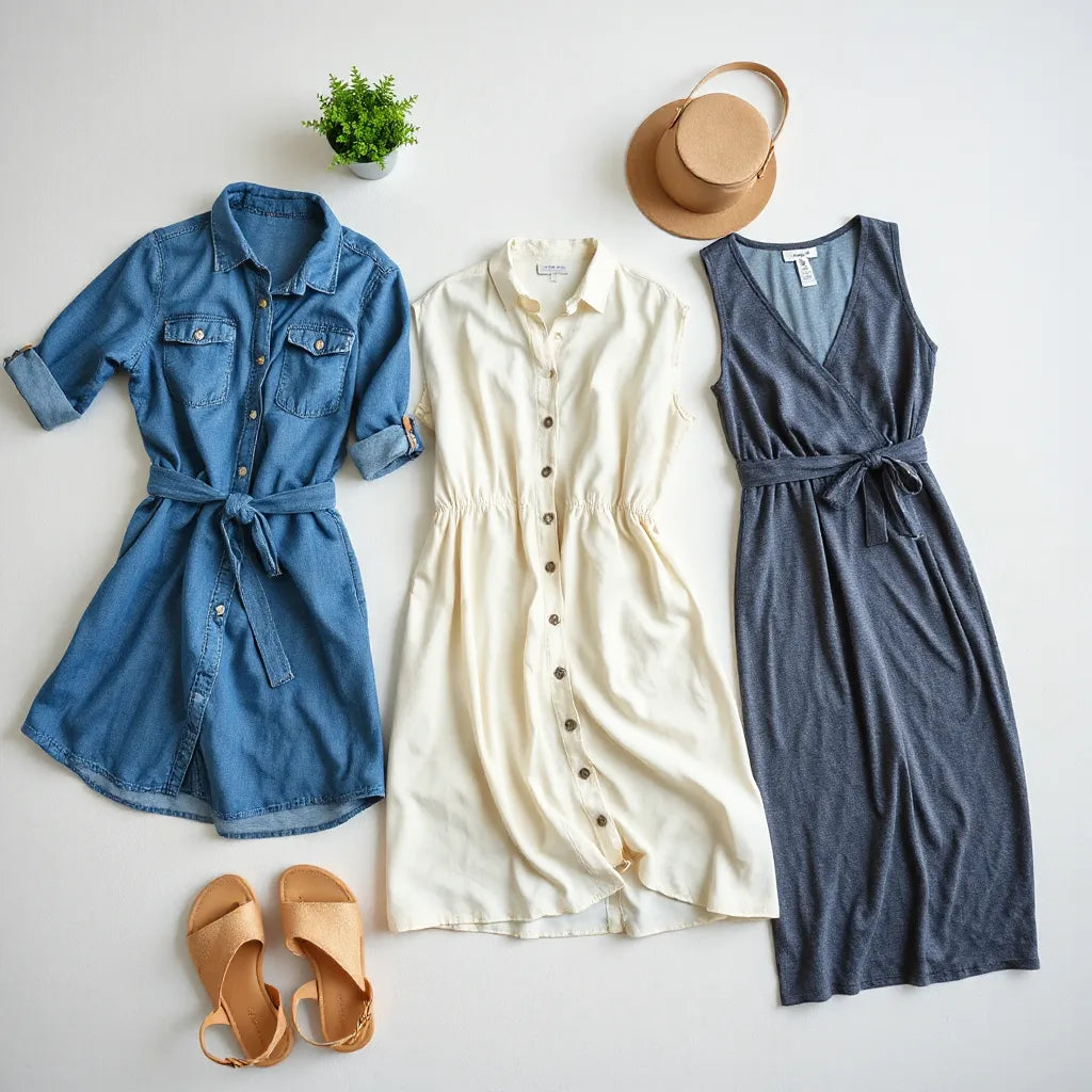 Assorted casual dresses with simple accessories on a light background