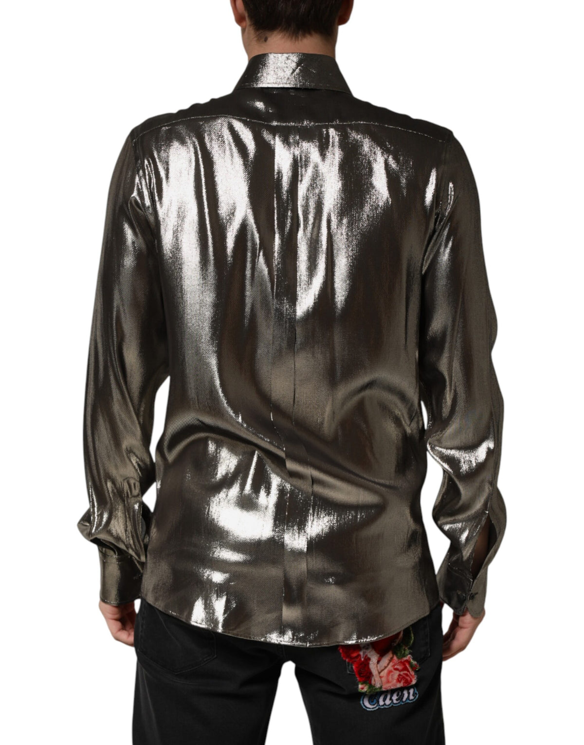 Dolce & Gabbana Silver Silk GOLD Collared Dress Formal Shirt