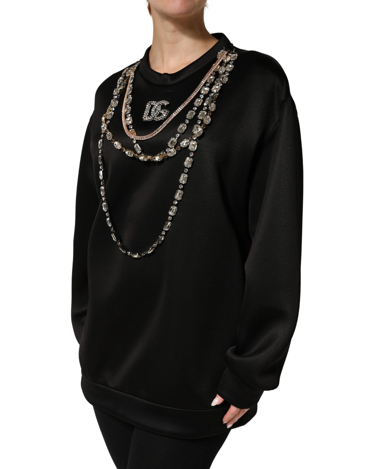 Dolce & Gabbana Black Embellished Logo Crystal Sweatshirt Top