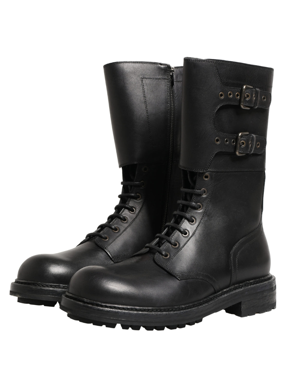 Dolce & Gabbana Black Leather Belted Buckle Combat Boots Shoes