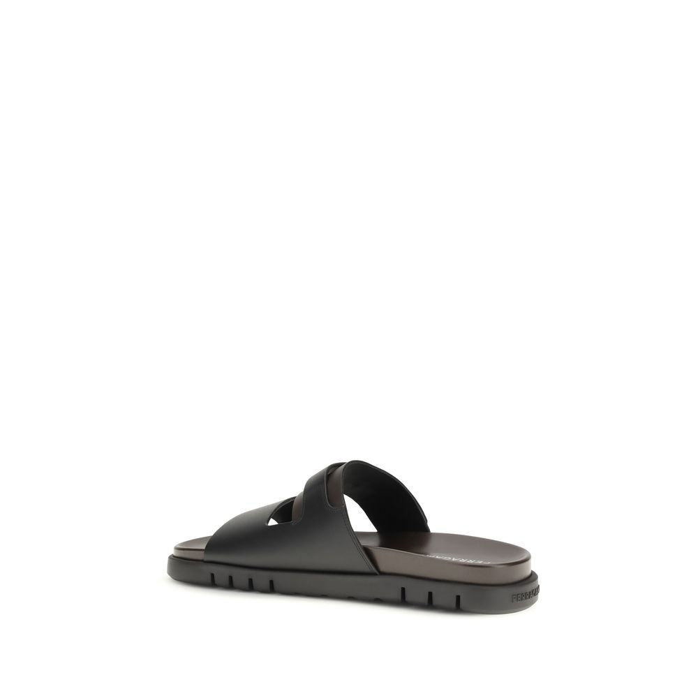 Ferragamo Black Calf Leather Bos Taurus Sandals