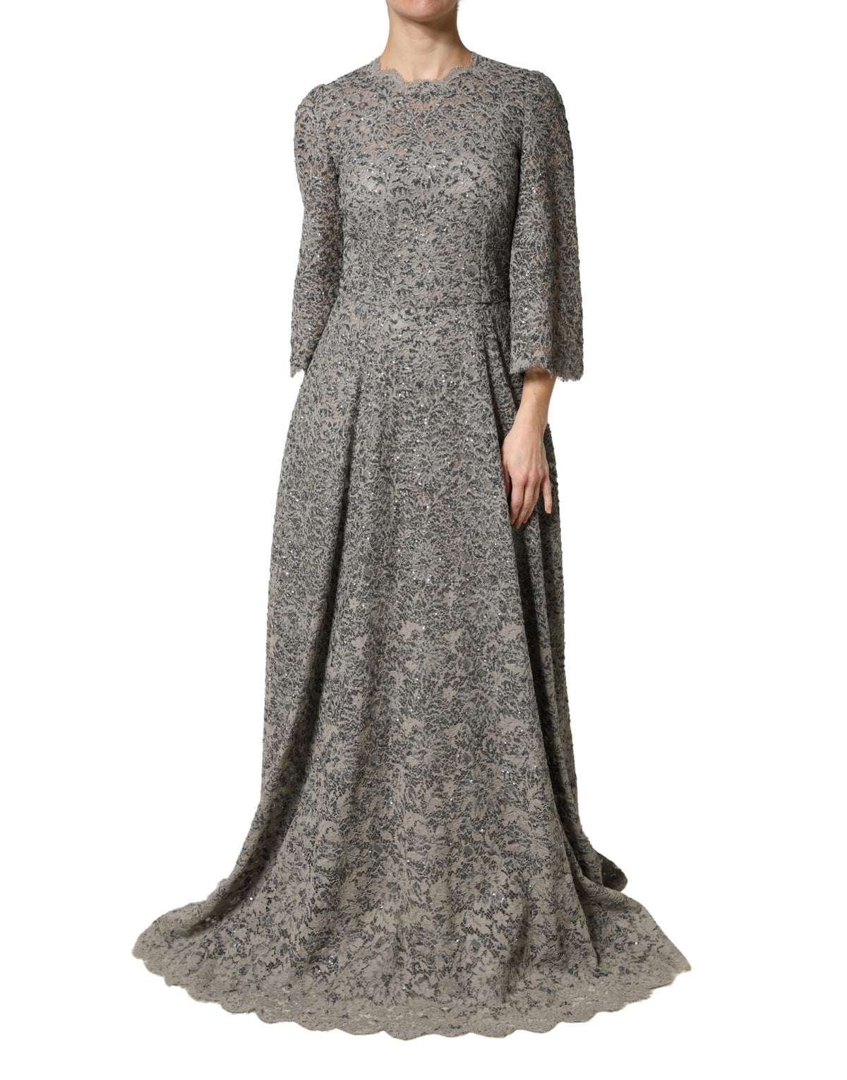 Dolce & Gabbana Gray Lace Long Sleeves Cotton Maxi Dress