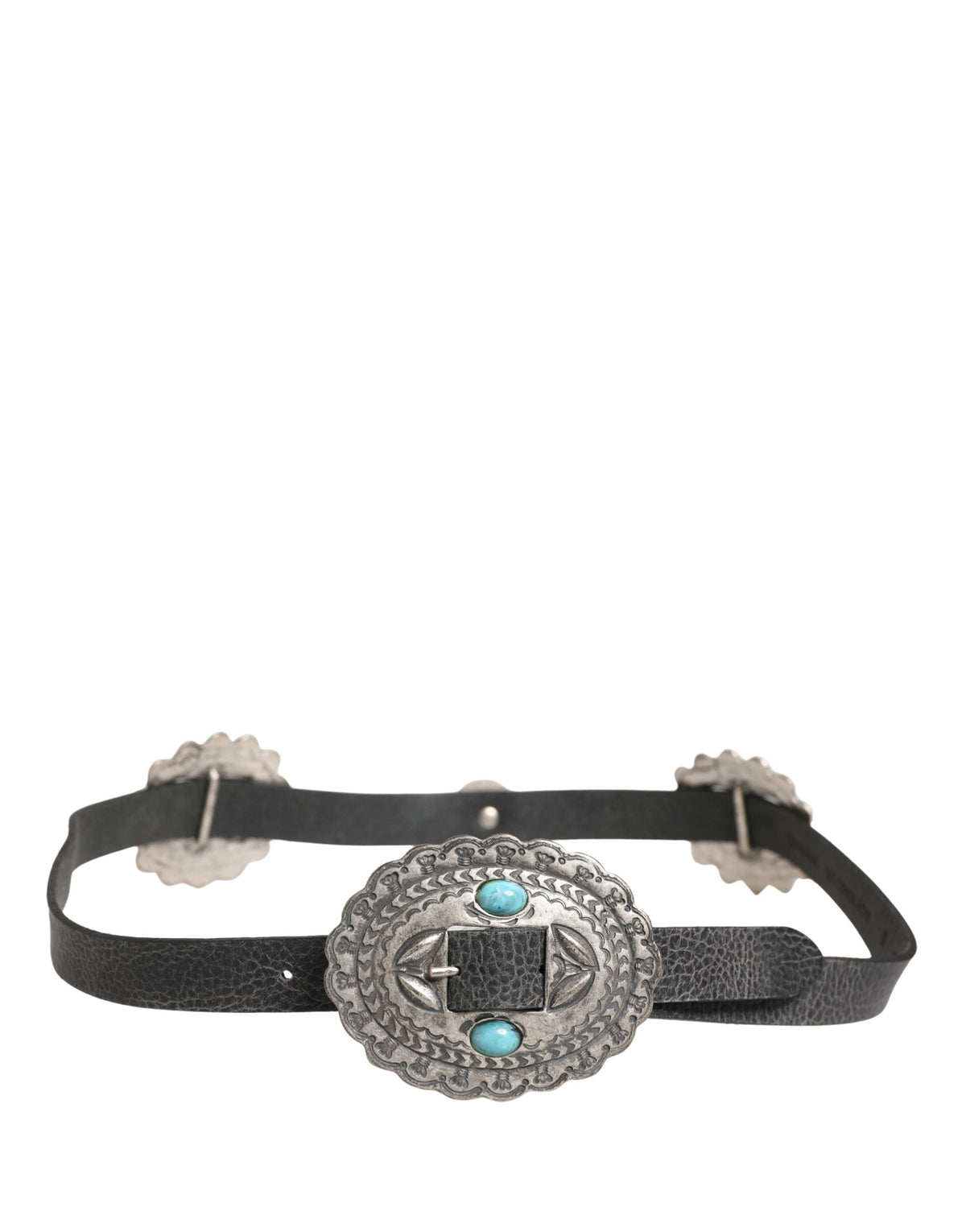 Cavalli Class Black Turquoise Leather Embellished Oval Buckle Belt