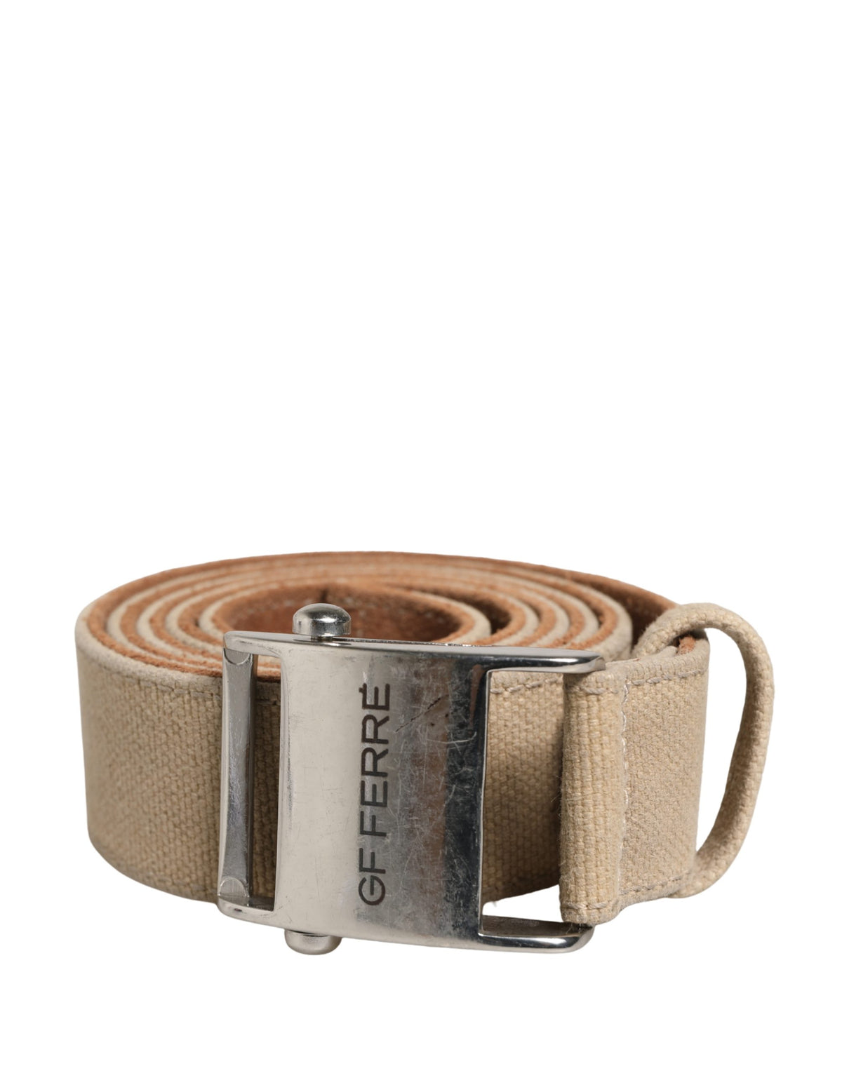 GF Ferre Men Beige Canvas Silver Metal Buckle Cintura Belt