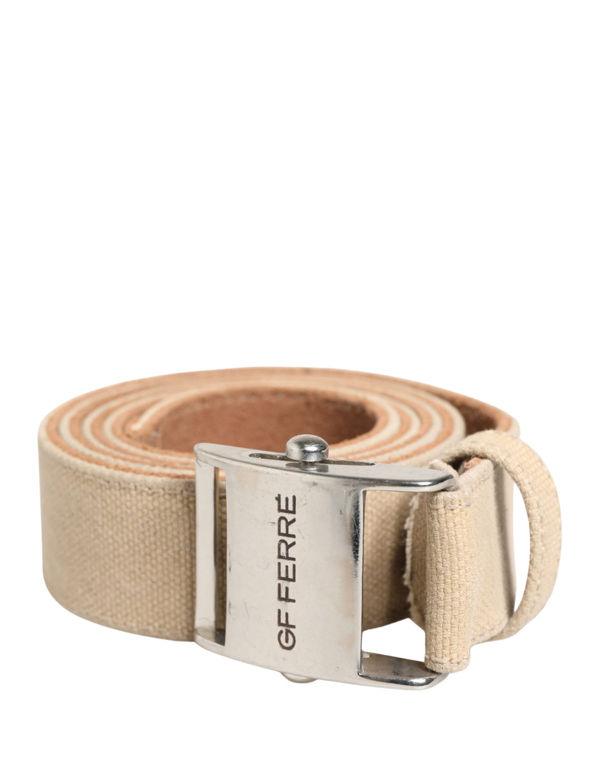 GF Ferre Men Beige Canvas Silver Metal Buckle Cintura Belt