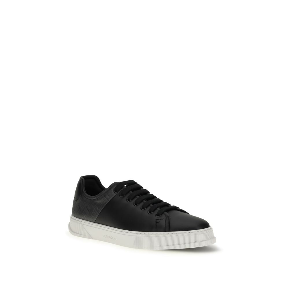 Ferragamo Black Calf Leather Bos Taurus Low Top Sneakers