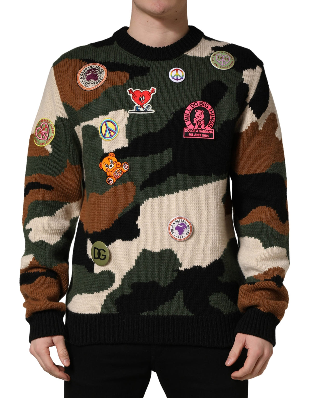 Dolce & Gabbana Multicolor Intarsia-Knit Camouflage Pullover Sweater