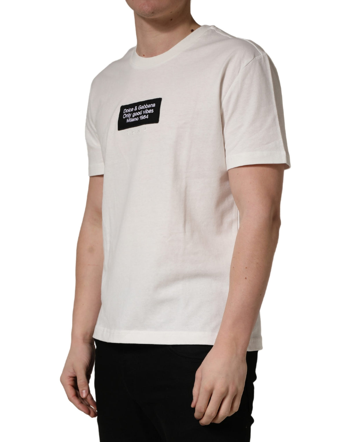 Dolce & Gabbana White Logo Patch Cotton Men Crew Neck  T-shirt