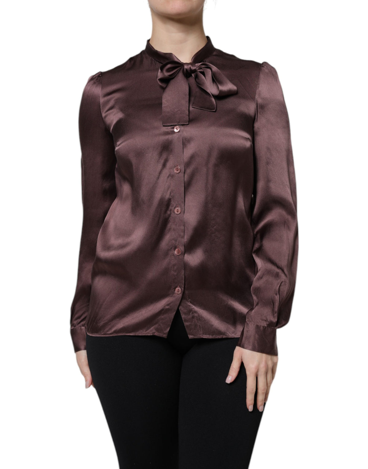 Dolce & Gabbana Violet Satin Long Sleeve Ascot Tie Shirt  Top