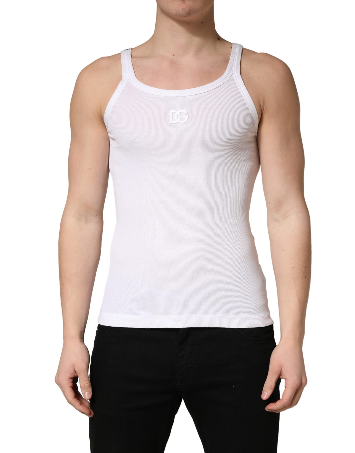 Dolce & Gabbana White Ribbed Cotton Sleeveless Tank  T-shirt