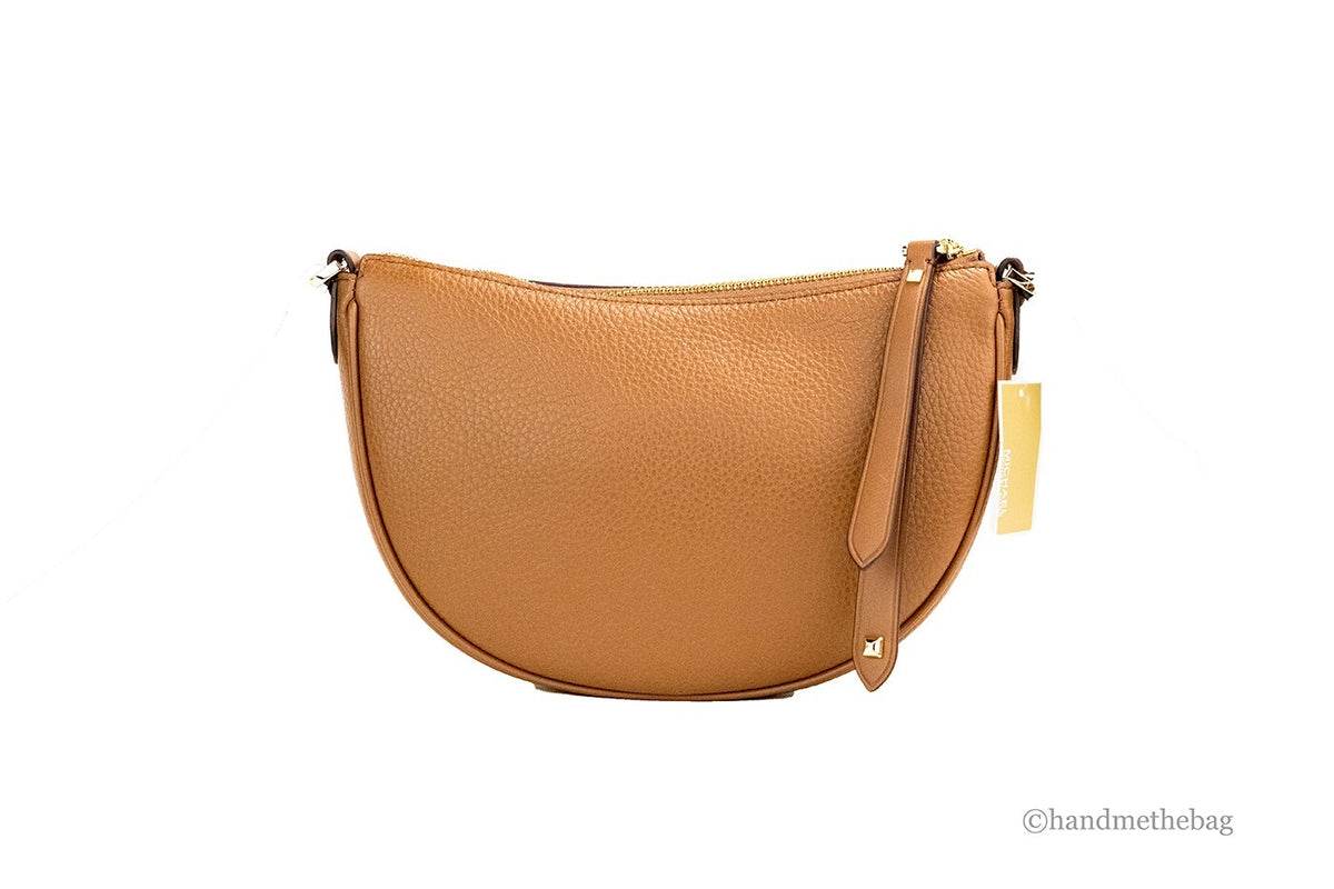 Michael Kors Dover Small Luggage Pebbled Leather Half Moon Crossbody Bag Purse