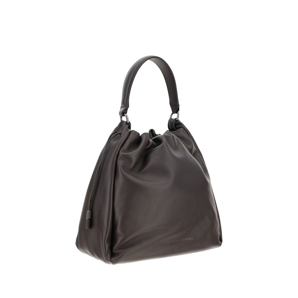 Brunello Cucinelli Brown Calf Leather Bos Taurus Shoulder Bag