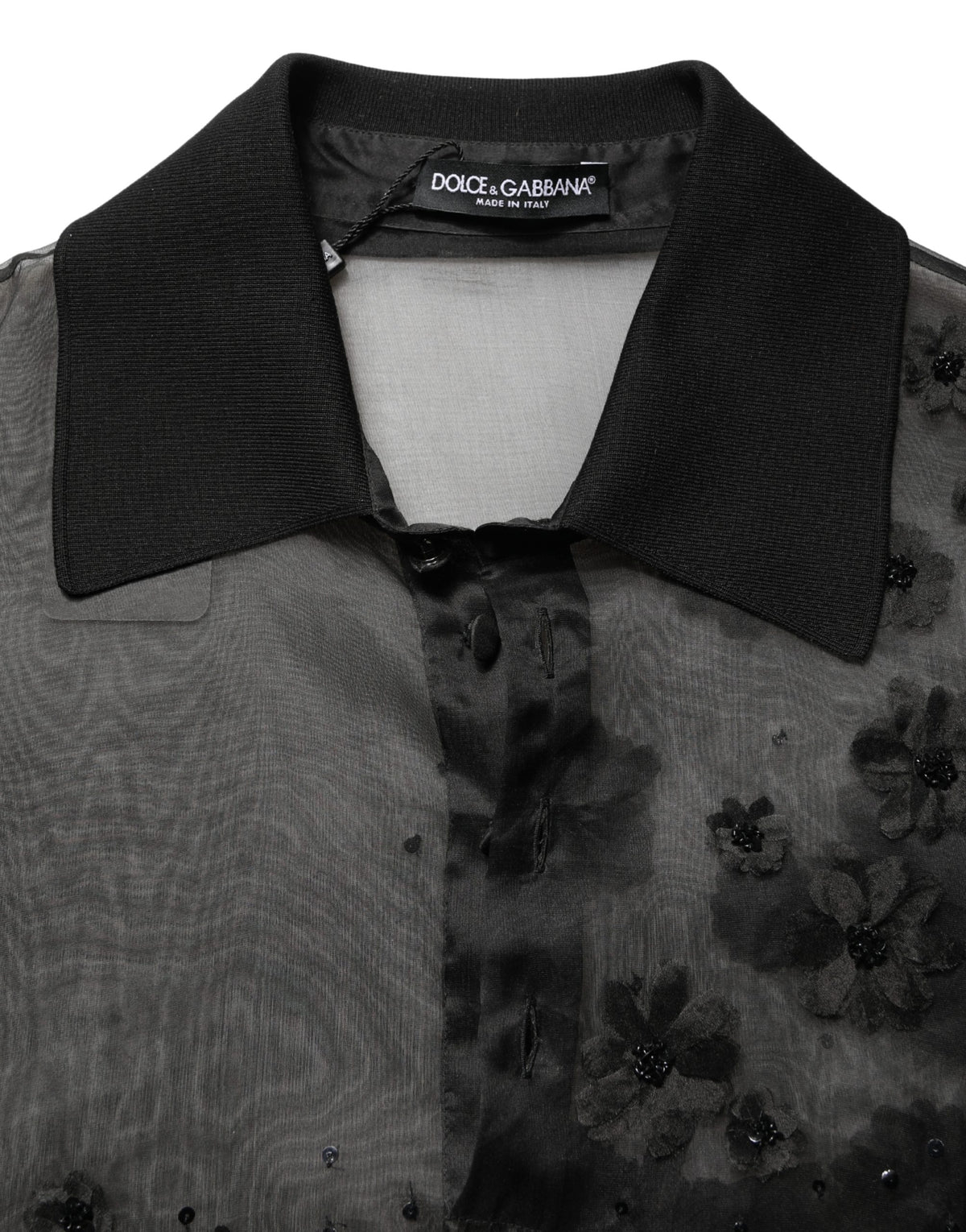Dolce & Gabbana Black Floral Applique Sheer Short Sleeve Shirt