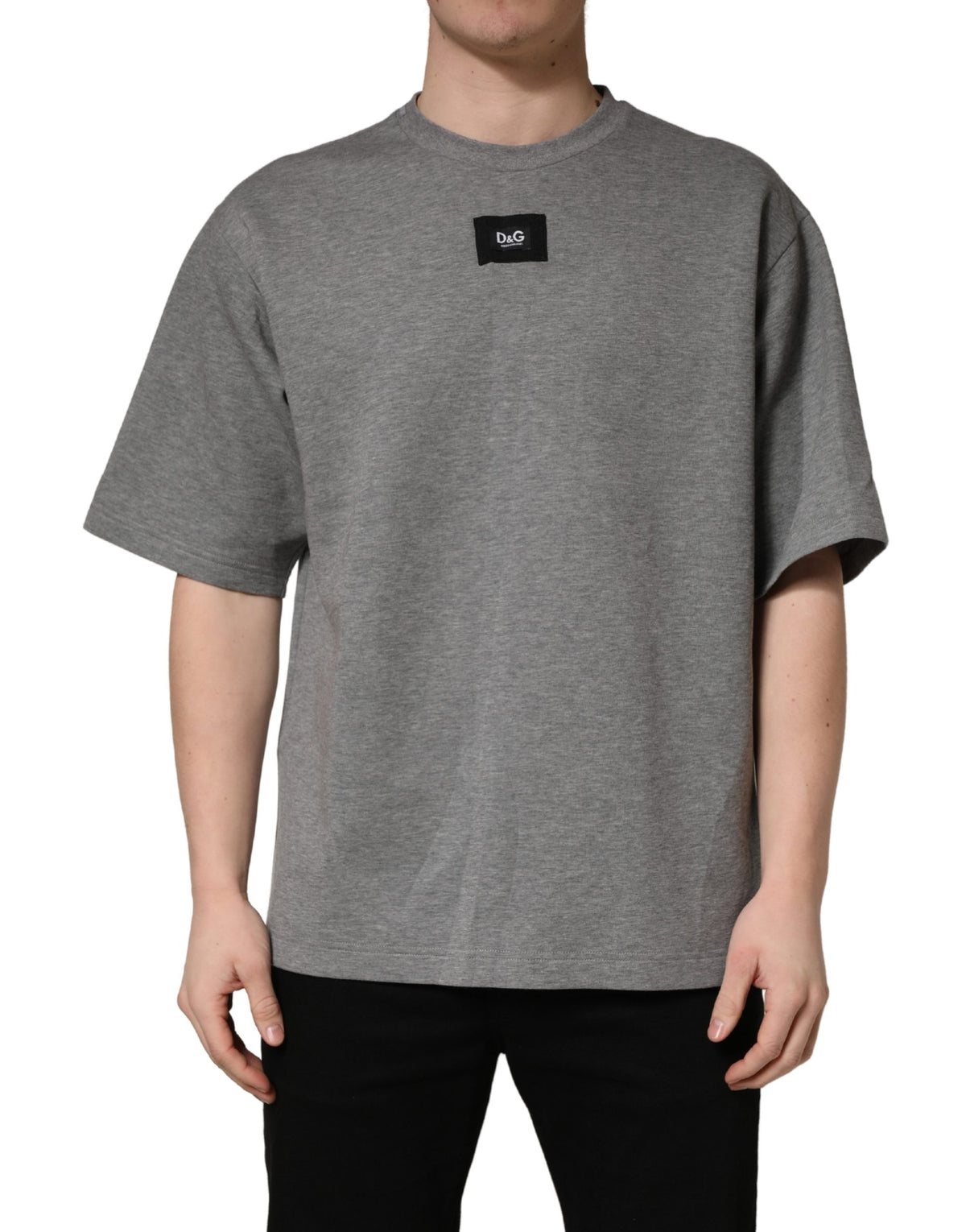 Dolce & Gabbana Gray Cotton Logo Appliqué CrewNeck T-shirt