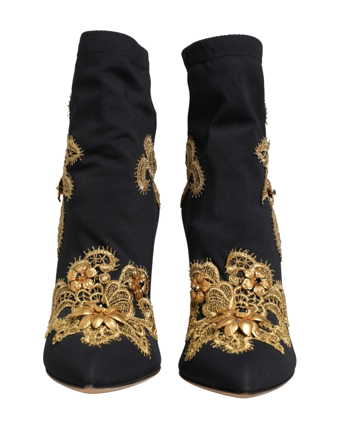 Dolce & Gabbana Black Gold Embroidery Crystal Boots Shoes