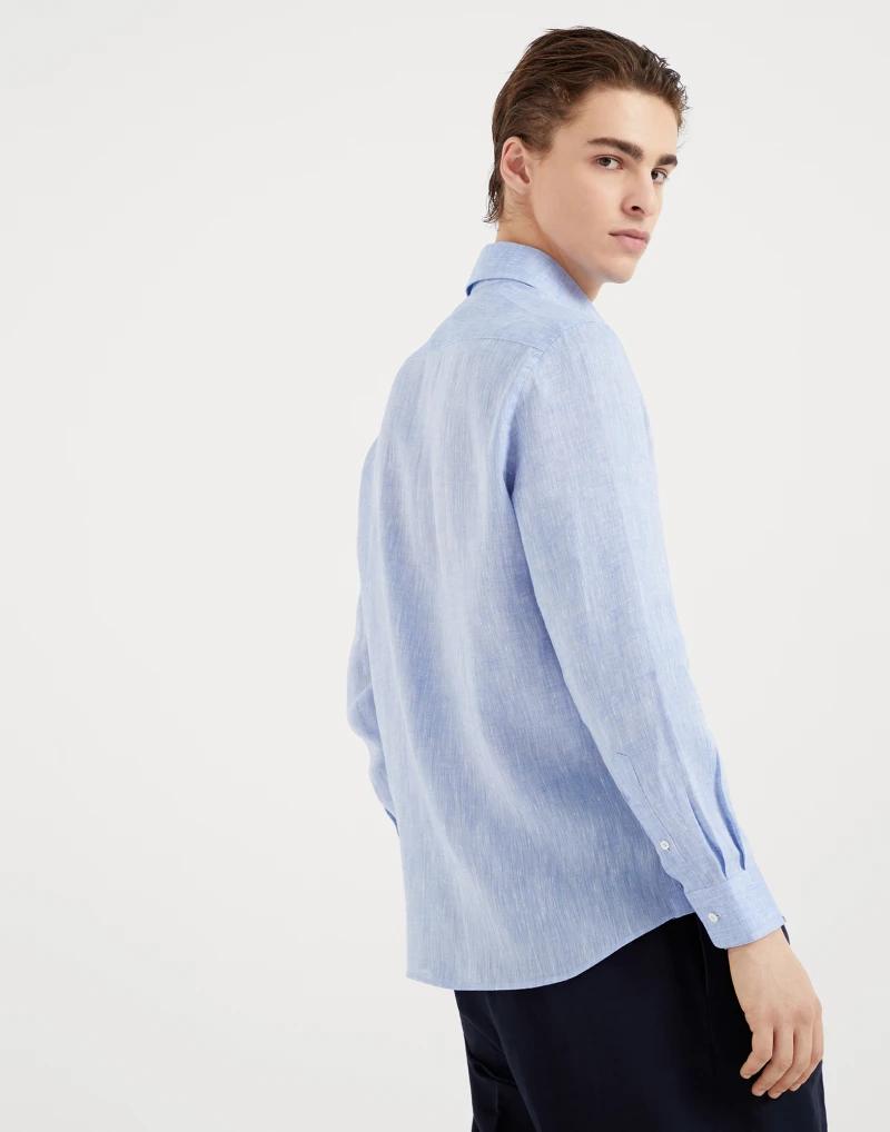Brunello Cucinelli Blue Linen Dress Shirt