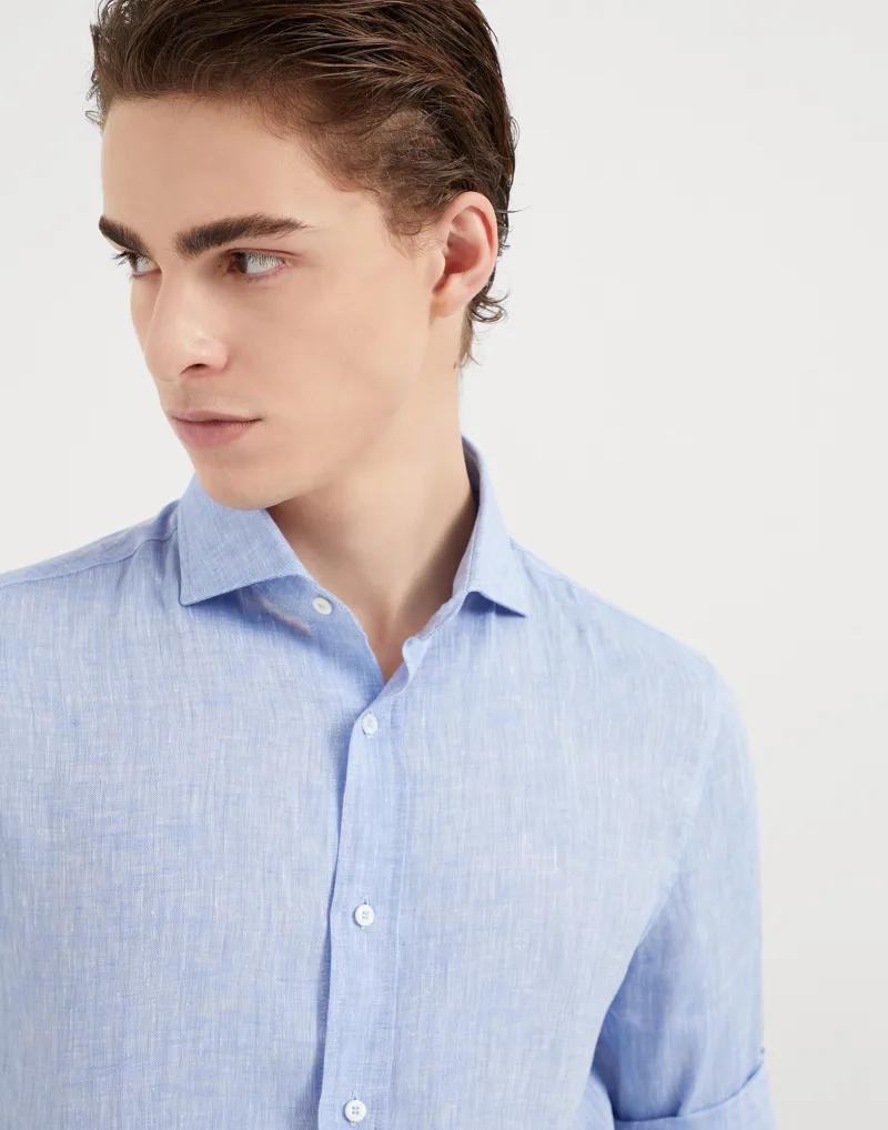 Brunello Cucinelli Blue Linen Dress Shirt