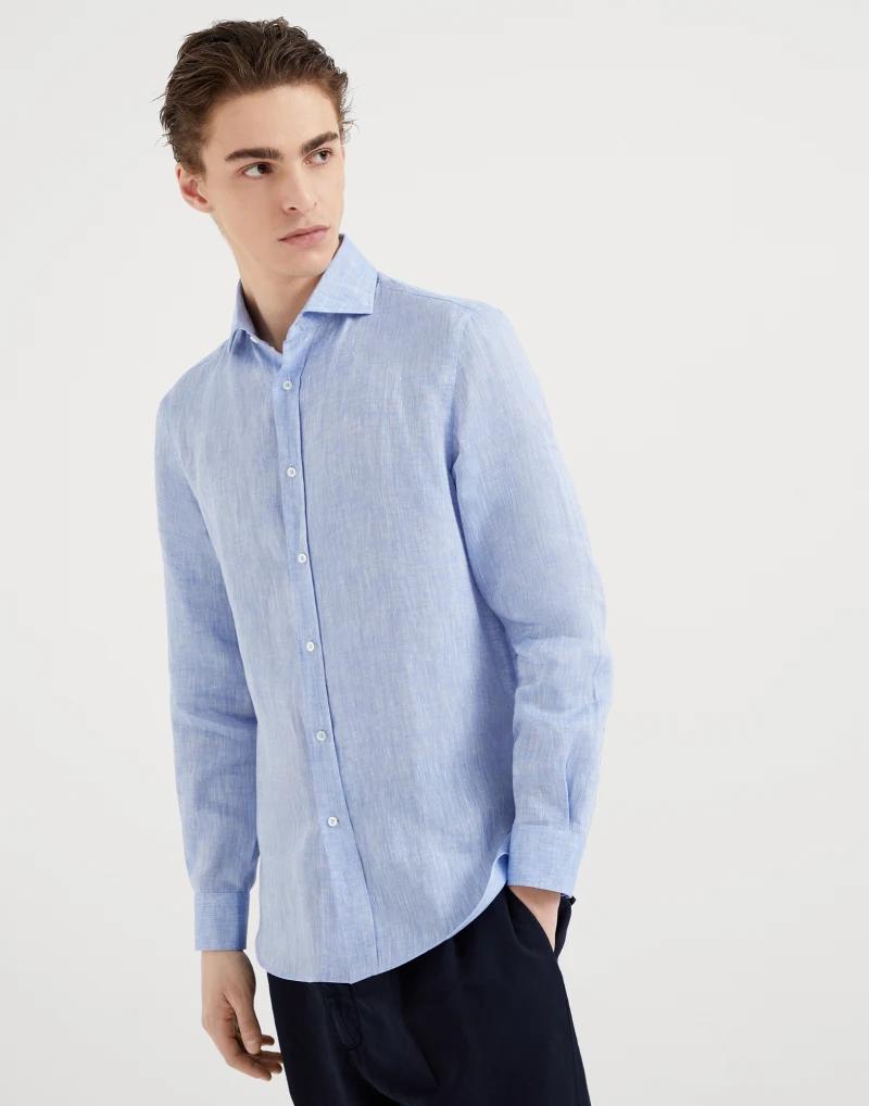 Brunello Cucinelli Blue Linen Dress Shirt