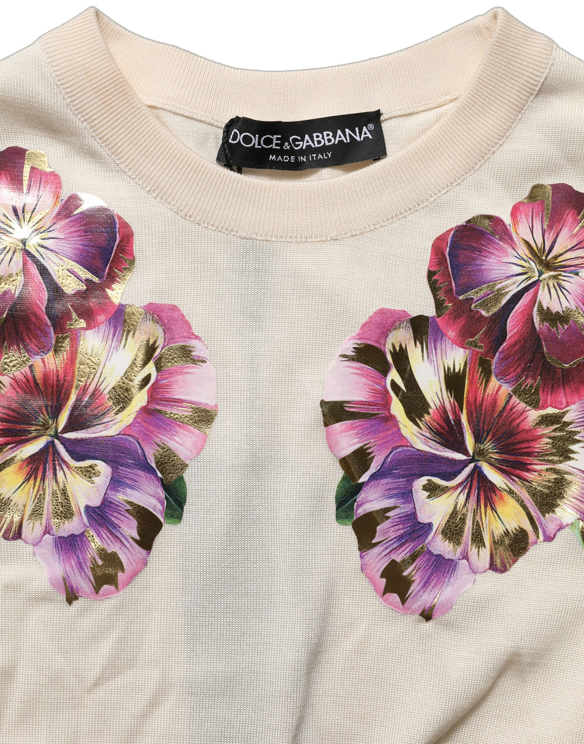 Dolce & Gabbana Beige Floral Print Silk CrewNeck Pullover Top