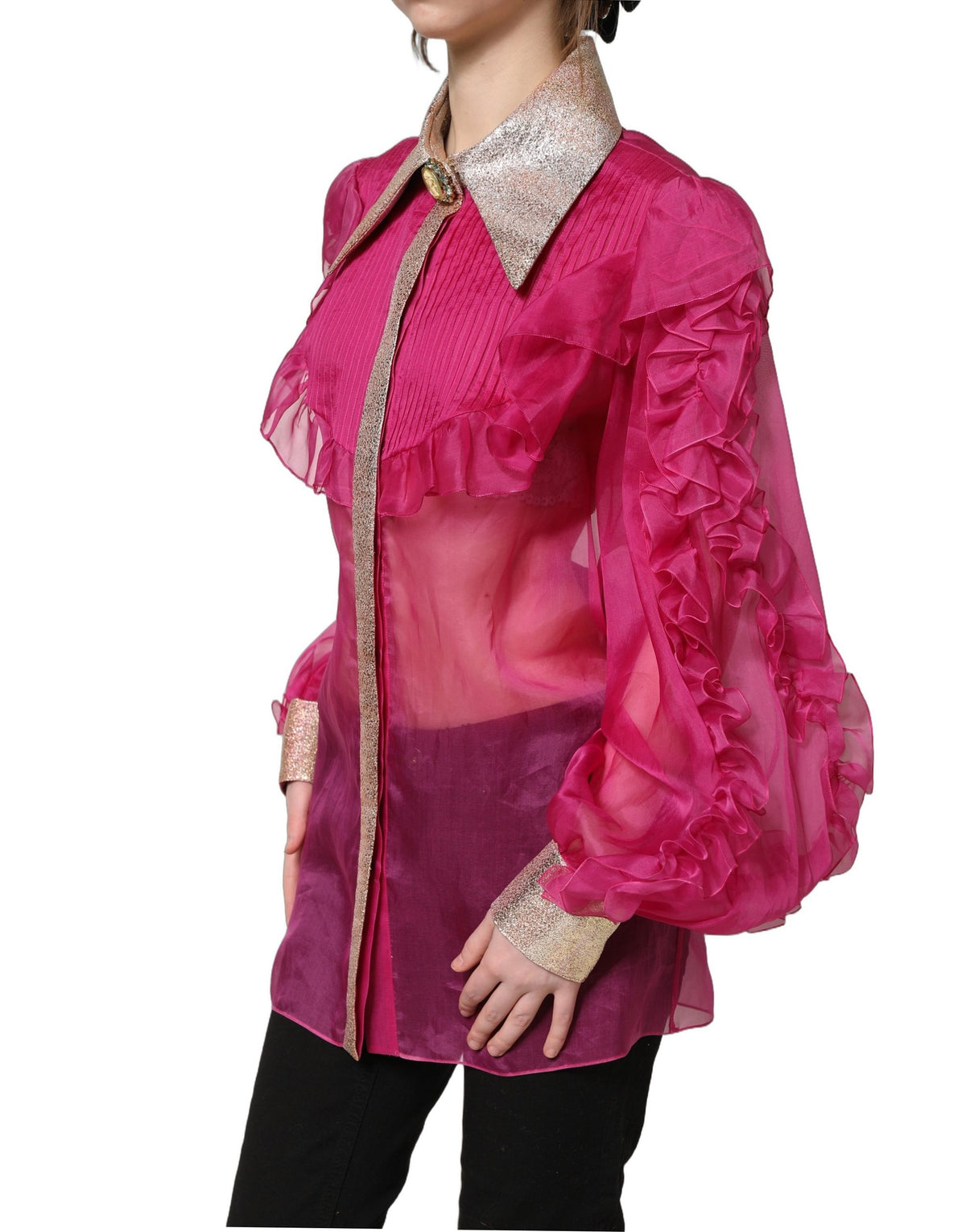Dolce & Gabbana Fuchsia Sheer Chiffon Buttoned Blouse Top