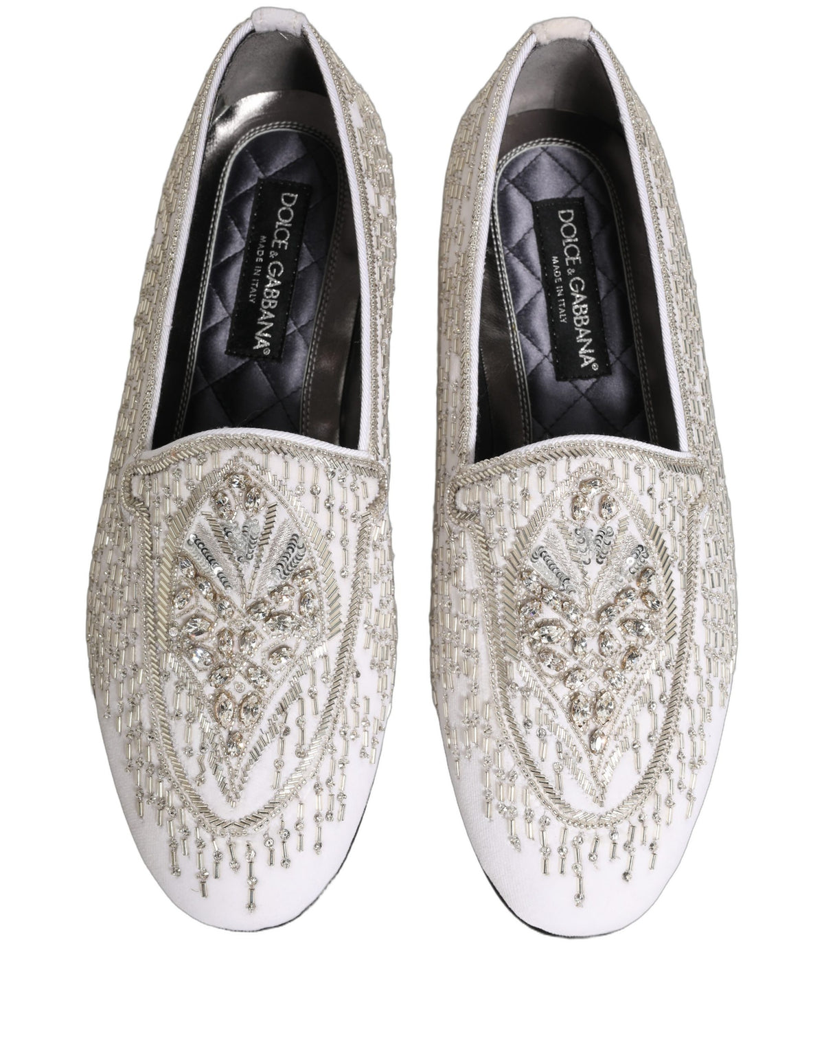 Dolce & Gabbana White Satin Embellished Dress Loafers Shoes