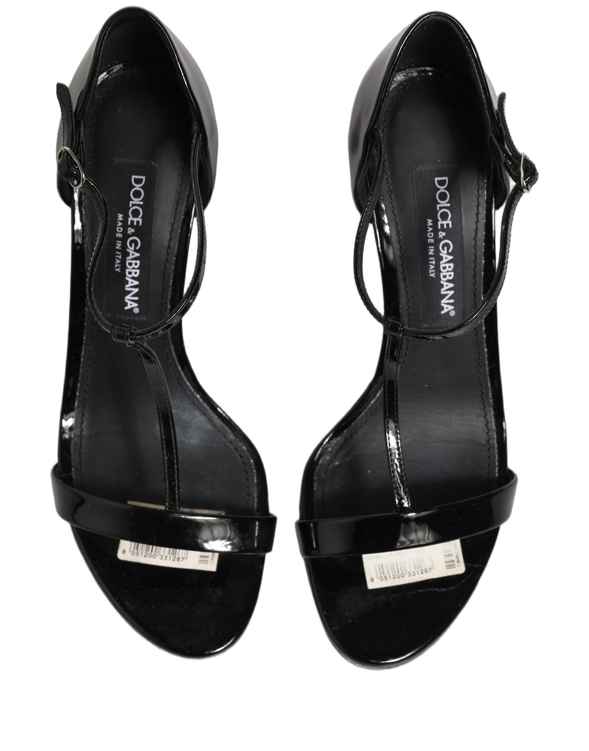 Dolce & Gabbana Black Leather T-strap Heels Sandals Shoes