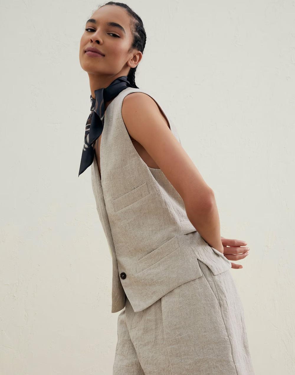 Brunello Cucinelli Beige Linen Sleeveless Jacket