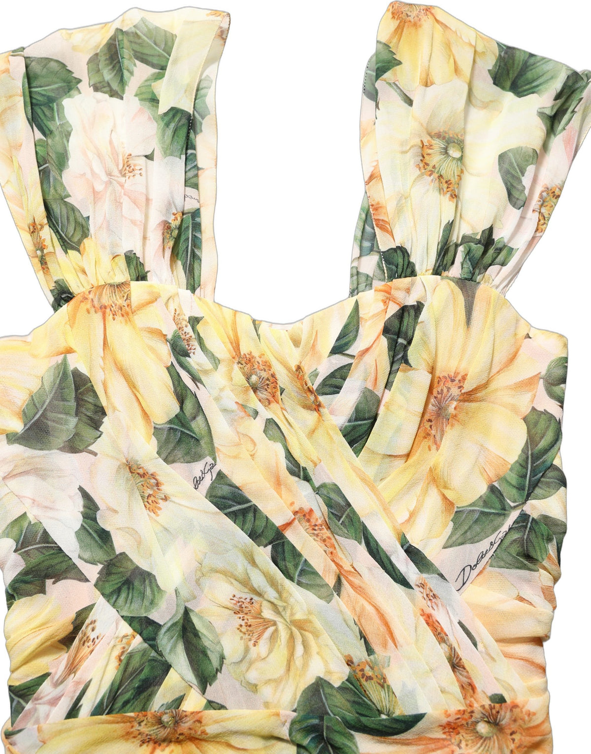 Dolce & Gabbana Yellow Floral Print Silk Pleated Maxi Dress