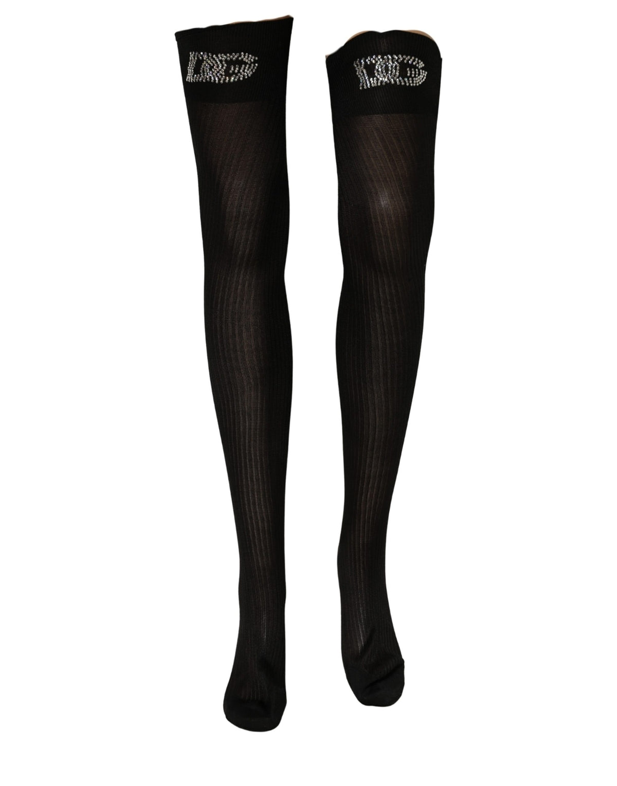 Dolce & Gabbana Black DG Logo Rhinestones Stretch Thigh High Socks
