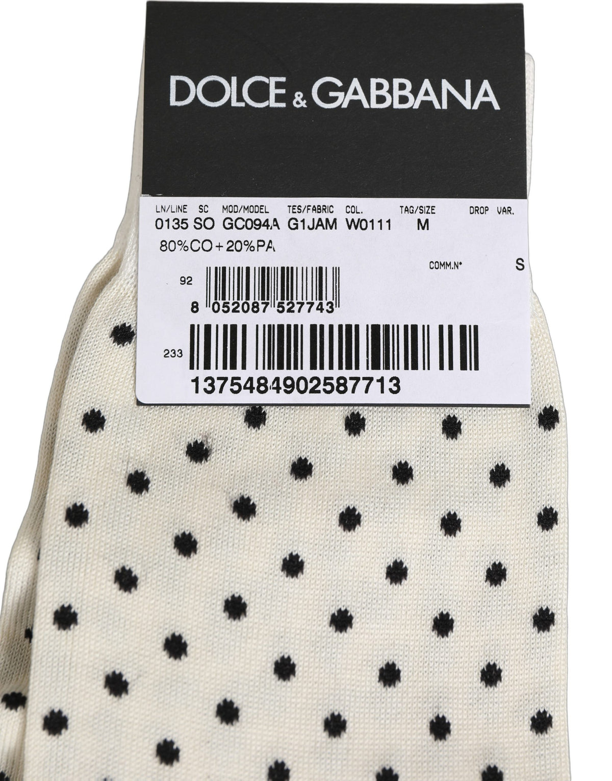 Dolce & Gabbana Off White Cotton Polka Dot Mid Calf Accessory Socks