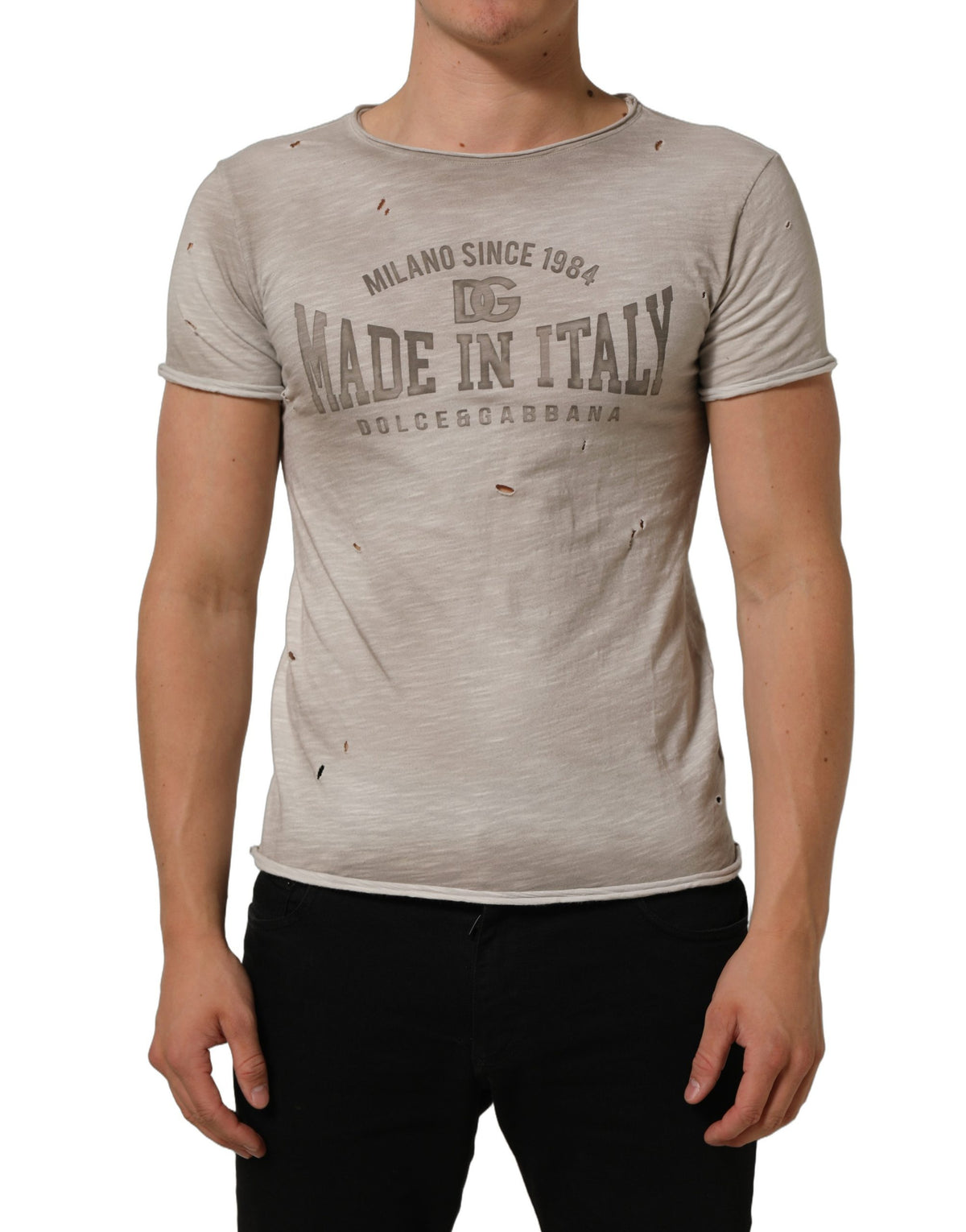 Dolce & Gabbana Light Gray Graphic Print Distressed T-shirt